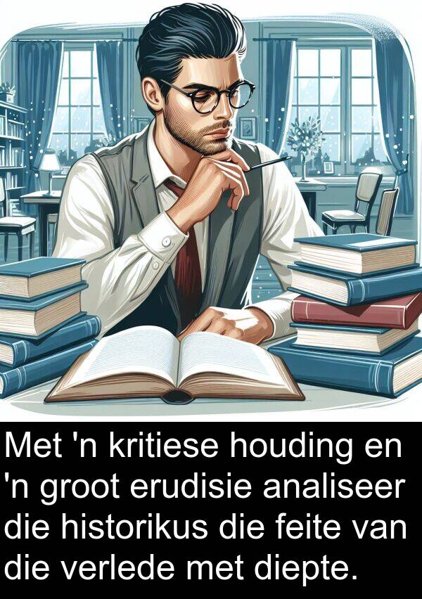 houding: Met 'n kritiese houding en 'n groot erudisie analiseer die historikus die feite van die verlede met diepte.