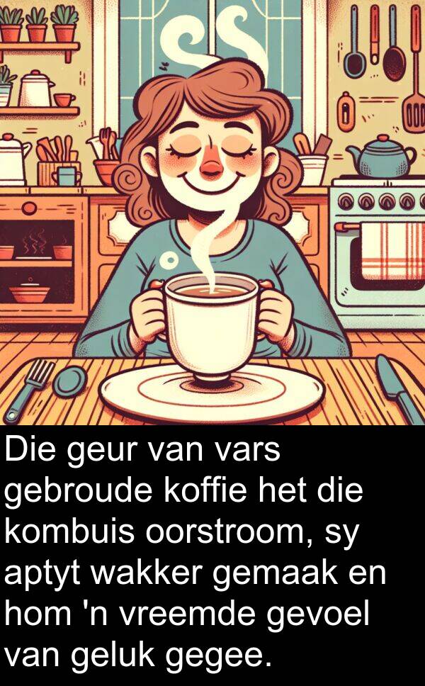 gebroude: Die geur van vars gebroude koffie het die kombuis oorstroom, sy aptyt wakker gemaak en hom 'n vreemde gevoel van geluk gegee.