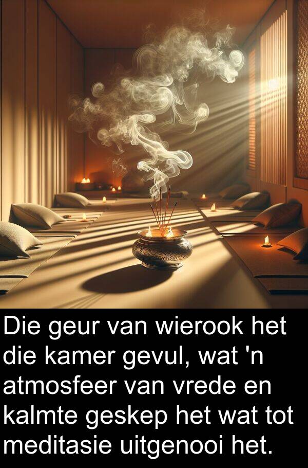 uitgenooi: Die geur van wierook het die kamer gevul, wat 'n atmosfeer van vrede en kalmte geskep het wat tot meditasie uitgenooi het.