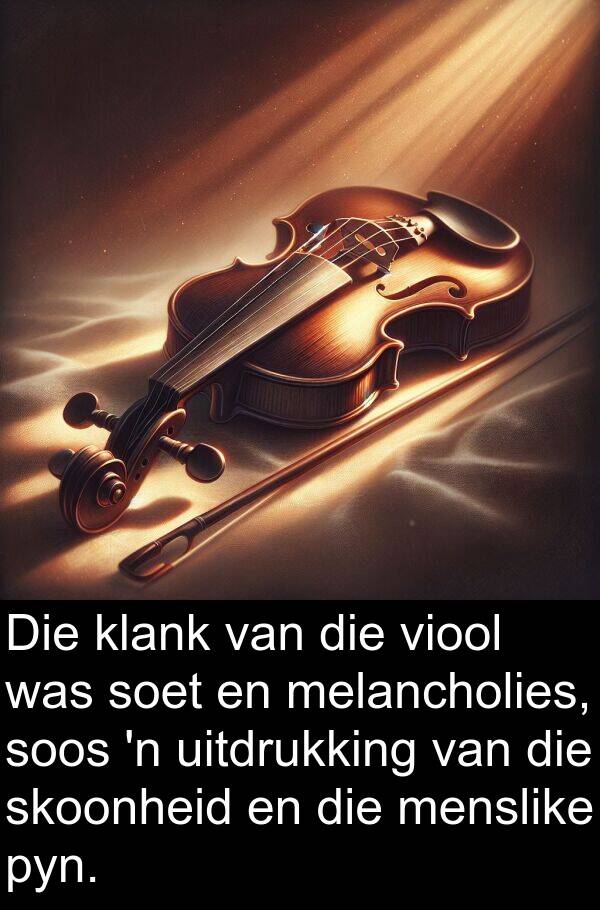 uitdrukking: Die klank van die viool was soet en melancholies, soos 'n uitdrukking van die skoonheid en die menslike pyn.
