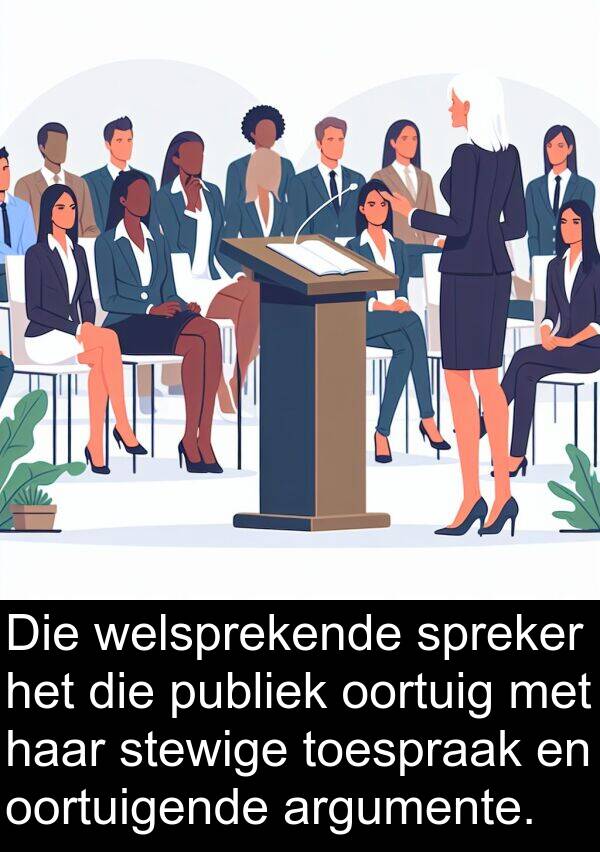 welsprekende: Die welsprekende spreker het die publiek oortuig met haar stewige toespraak en oortuigende argumente.