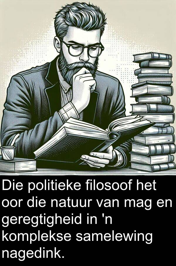samelewing: Die politieke filosoof het oor die natuur van mag en geregtigheid in 'n komplekse samelewing nagedink.