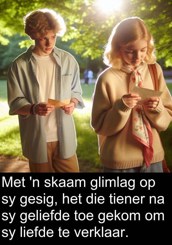 geliefde: Met 'n skaam glimlag op sy gesig, het die tiener na sy geliefde toe gekom om sy liefde te verklaar.
