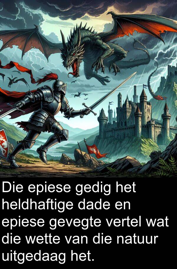 heldhaftige: Die epiese gedig het heldhaftige dade en epiese gevegte vertel wat die wette van die natuur uitgedaag het.