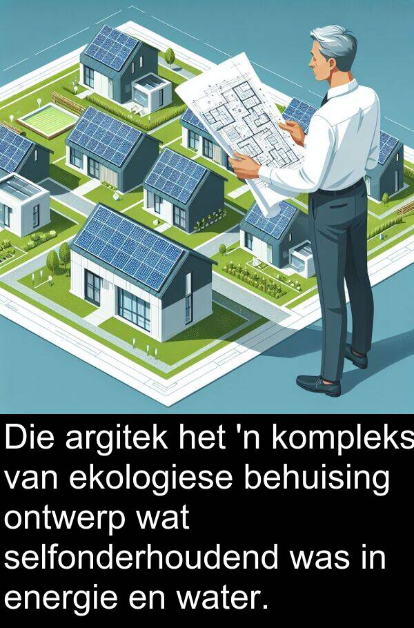 energie: Die argitek het 'n kompleks van ekologiese behuising ontwerp wat selfonderhoudend was in energie en water.