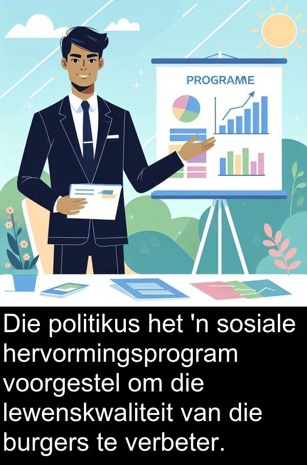 hervormingsprogram: Die politikus het 'n sosiale hervormingsprogram voorgestel om die lewenskwaliteit van die burgers te verbeter.