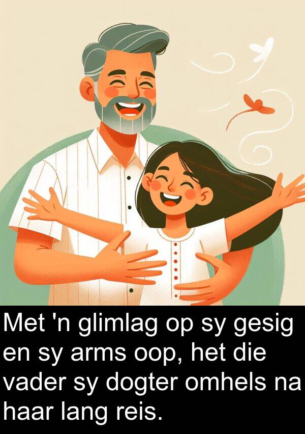 oop: Met 'n glimlag op sy gesig en sy arms oop, het die vader sy dogter omhels na haar lang reis.