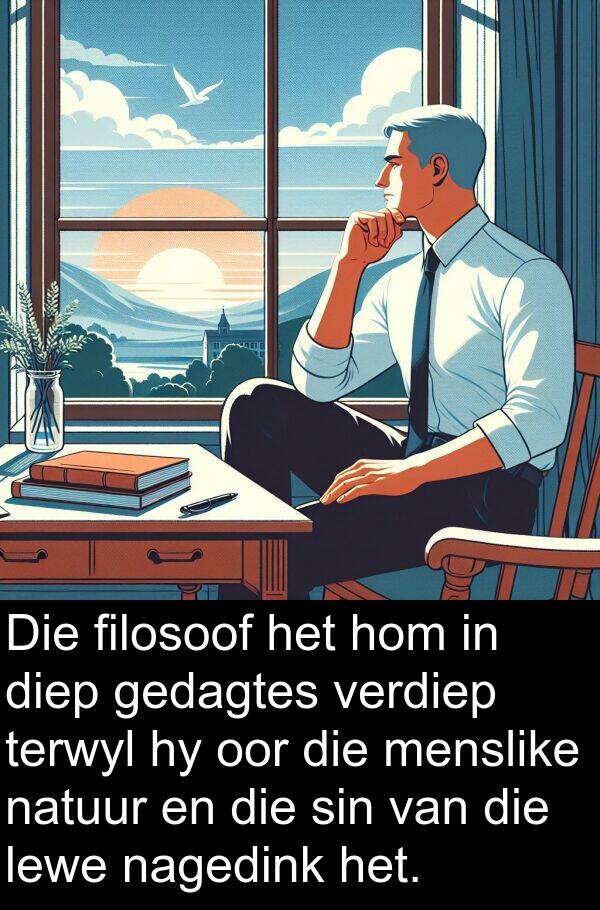 gedagtes: Die filosoof het hom in diep gedagtes verdiep terwyl hy oor die menslike natuur en die sin van die lewe nagedink het.