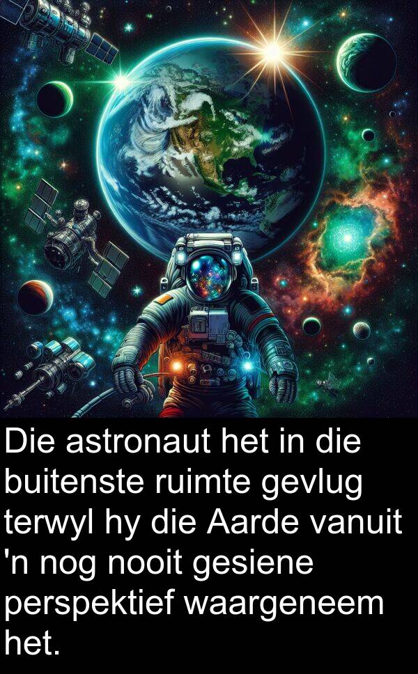 ruimte: Die astronaut het in die buitenste ruimte gevlug terwyl hy die Aarde vanuit 'n nog nooit gesiene perspektief waargeneem het.