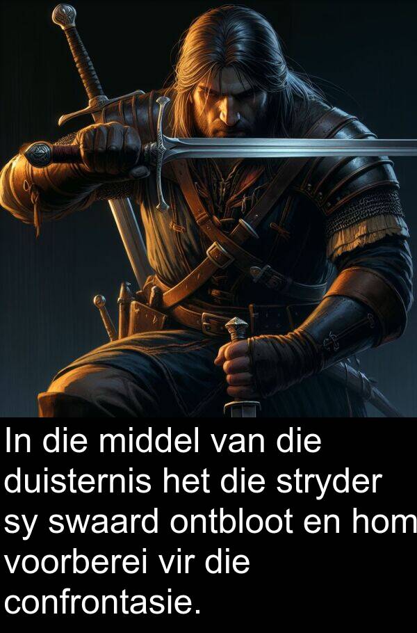 middel: In die middel van die duisternis het die stryder sy swaard ontbloot en hom voorberei vir die confrontasie.