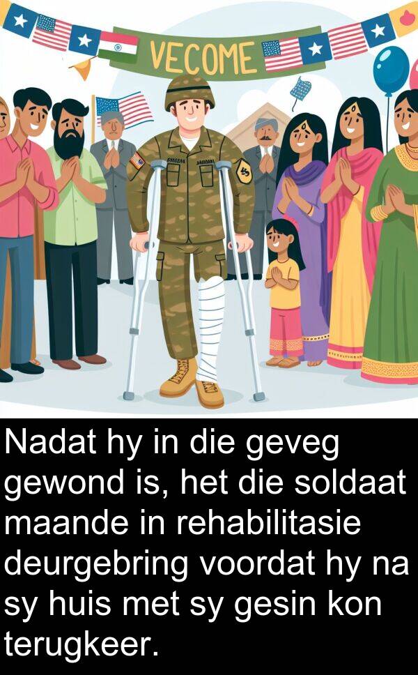 maande: Nadat hy in die geveg gewond is, het die soldaat maande in rehabilitasie deurgebring voordat hy na sy huis met sy gesin kon terugkeer.