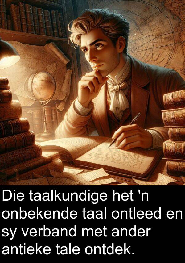 taal: Die taalkundige het 'n onbekende taal ontleed en sy verband met ander antieke tale ontdek.