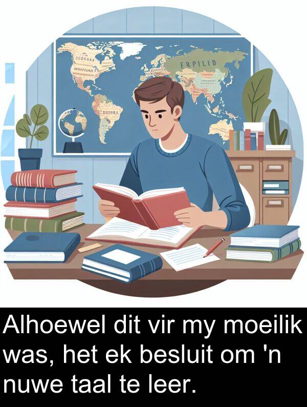 taal: Alhoewel dit vir my moeilik was, het ek besluit om 'n nuwe taal te leer.