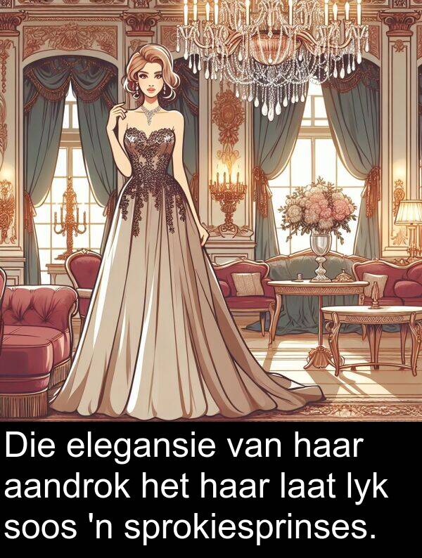 aandrok: Die elegansie van haar aandrok het haar laat lyk soos 'n sprokiesprinses.