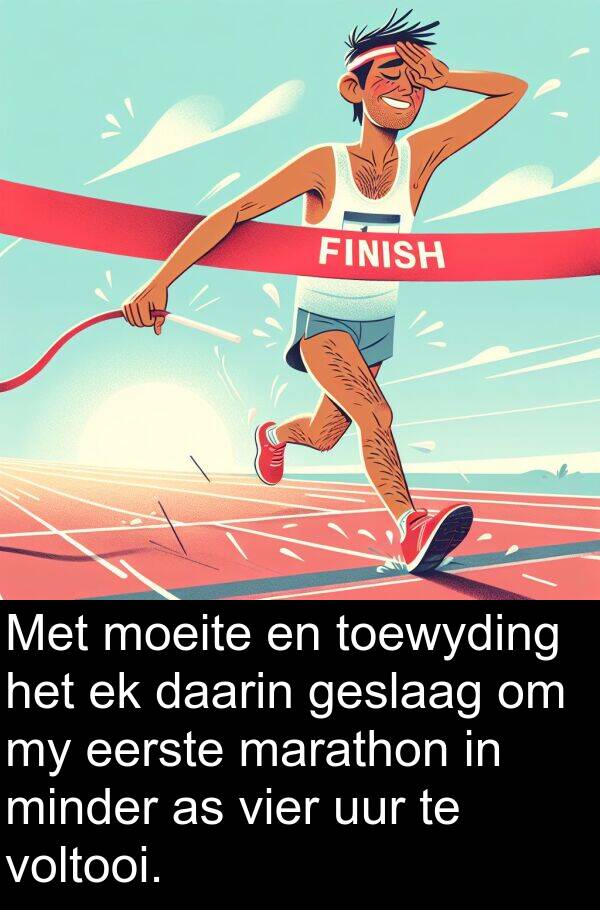 daarin: Met moeite en toewyding het ek daarin geslaag om my eerste marathon in minder as vier uur te voltooi.