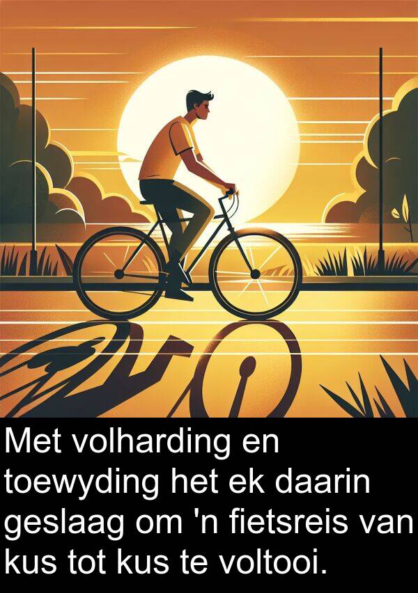 daarin: Met volharding en toewyding het ek daarin geslaag om 'n fietsreis van kus tot kus te voltooi.