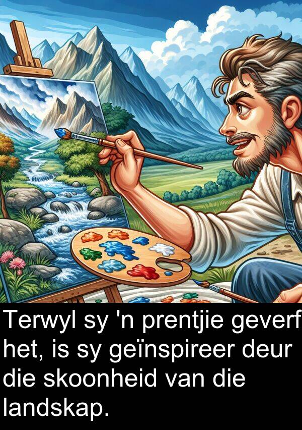 prentjie: Terwyl sy 'n prentjie geverf het, is sy geïnspireer deur die skoonheid van die landskap.