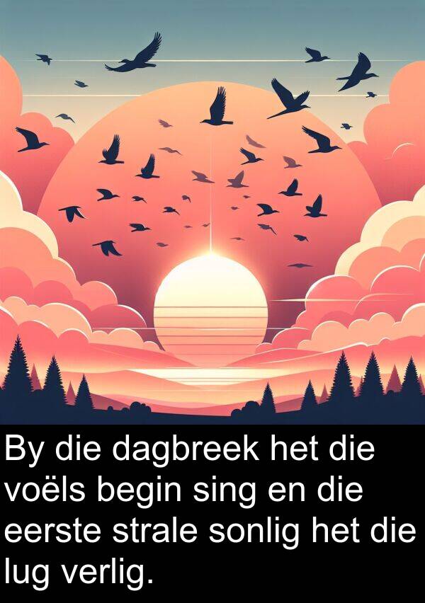 sing: By die dagbreek het die voëls begin sing en die eerste strale sonlig het die lug verlig.