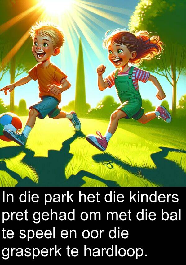 hardloop: In die park het die kinders pret gehad om met die bal te speel en oor die grasperk te hardloop.