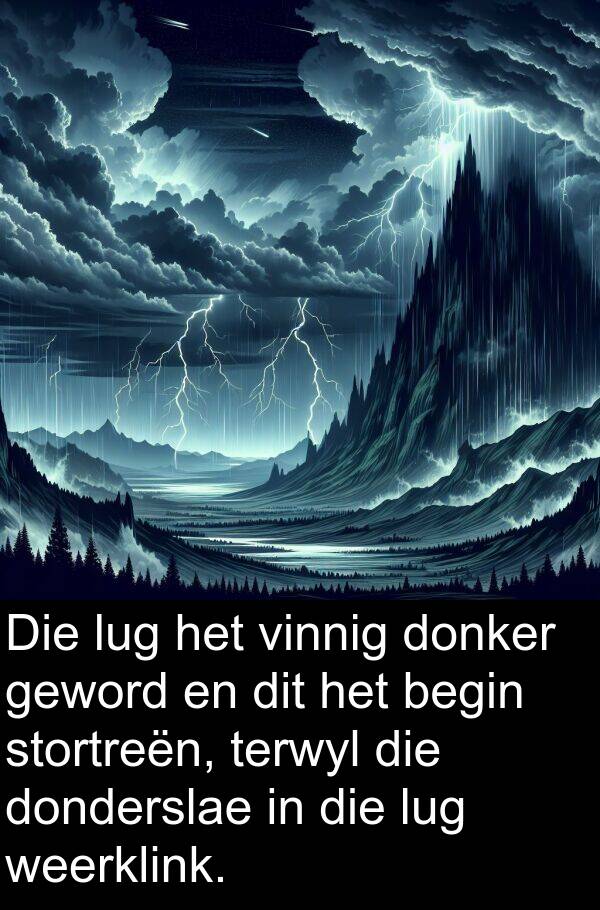 donker: Die lug het vinnig donker geword en dit het begin stortreën, terwyl die donderslae in die lug weerklink.
