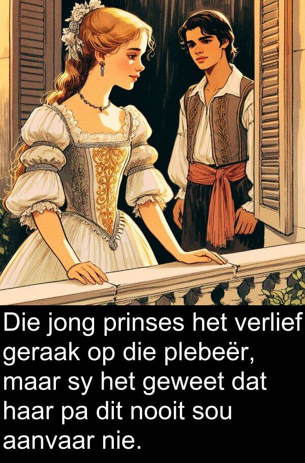 plebeër: Die jong prinses het verlief geraak op die plebeër, maar sy het geweet dat haar pa dit nooit sou aanvaar nie.