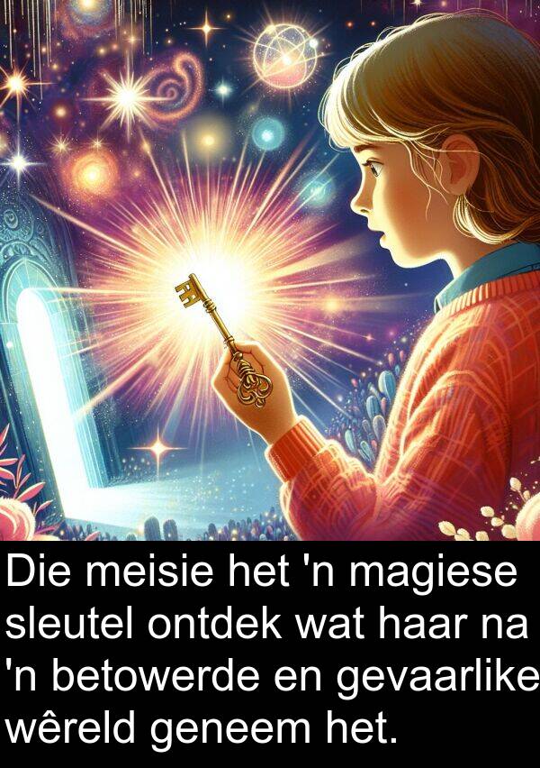 meisie: Die meisie het 'n magiese sleutel ontdek wat haar na 'n betowerde en gevaarlike wêreld geneem het.