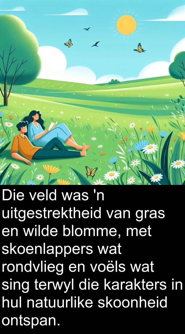 ontspan: Die veld was 'n uitgestrektheid van gras en wilde blomme, met skoenlappers wat rondvlieg en voëls wat sing terwyl die karakters in hul natuurlike skoonheid ontspan.