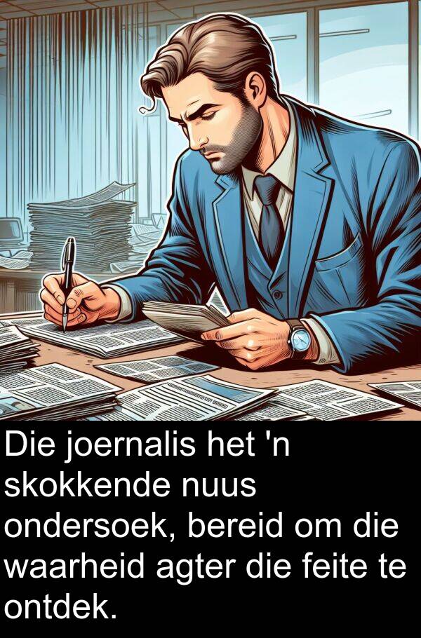 joernalis: Die joernalis het 'n skokkende nuus ondersoek, bereid om die waarheid agter die feite te ontdek.