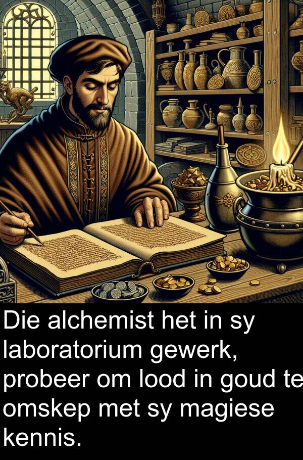 lood: Die alchemist het in sy laboratorium gewerk, probeer om lood in goud te omskep met sy magiese kennis.