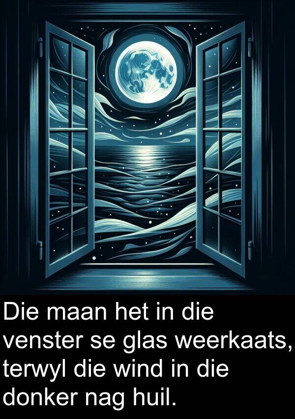 donker: Die maan het in die venster se glas weerkaats, terwyl die wind in die donker nag huil.