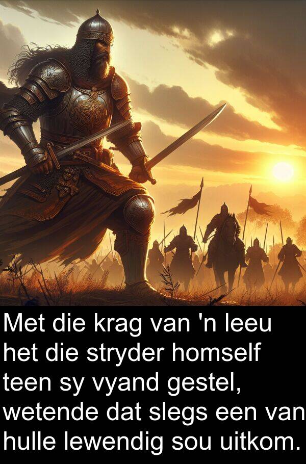 homself: Met die krag van 'n leeu het die stryder homself teen sy vyand gestel, wetende dat slegs een van hulle lewendig sou uitkom.