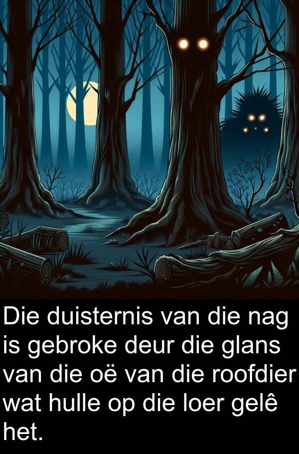 gebroke: Die duisternis van die nag is gebroke deur die glans van die oë van die roofdier wat hulle op die loer gelê het.