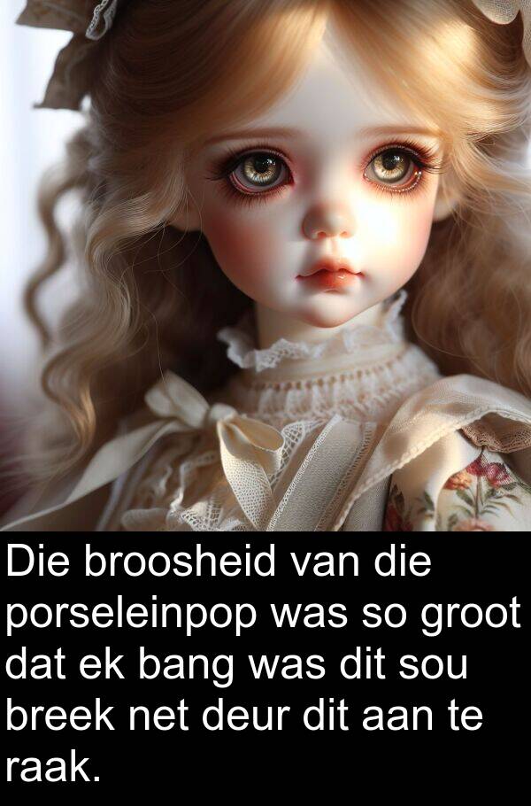 raak: Die broosheid van die porseleinpop was so groot dat ek bang was dit sou breek net deur dit aan te raak.