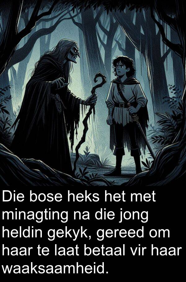 heks: Die bose heks het met minagting na die jong heldin gekyk, gereed om haar te laat betaal vir haar waaksaamheid.