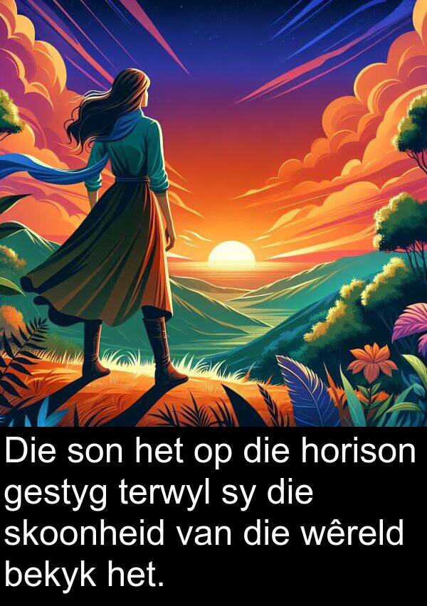 horison: Die son het op die horison gestyg terwyl sy die skoonheid van die wêreld bekyk het.