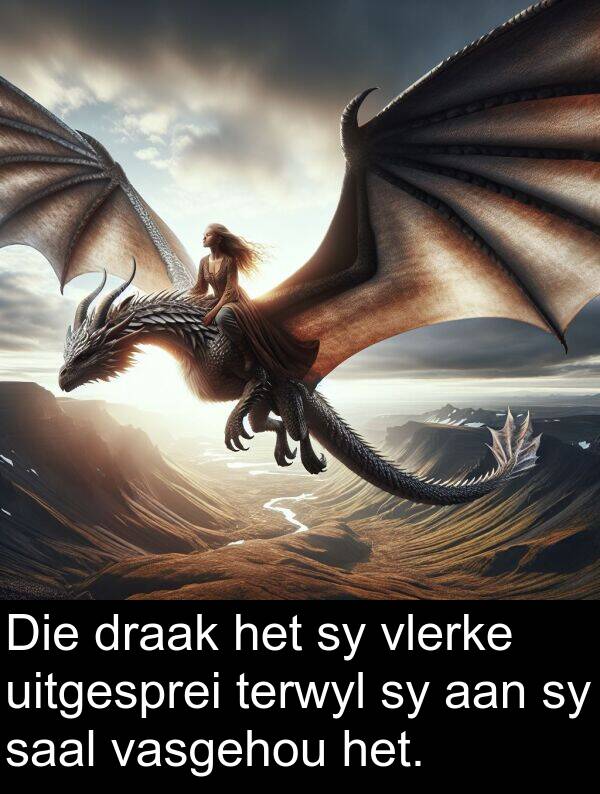 draak: Die draak het sy vlerke uitgesprei terwyl sy aan sy saal vasgehou het.