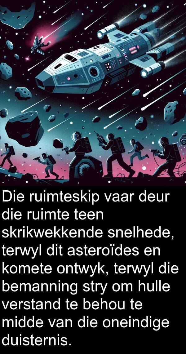 ruimte: Die ruimteskip vaar deur die ruimte teen skrikwekkende snelhede, terwyl dit asteroïdes en komete ontwyk, terwyl die bemanning stry om hulle verstand te behou te midde van die oneindige duisternis.