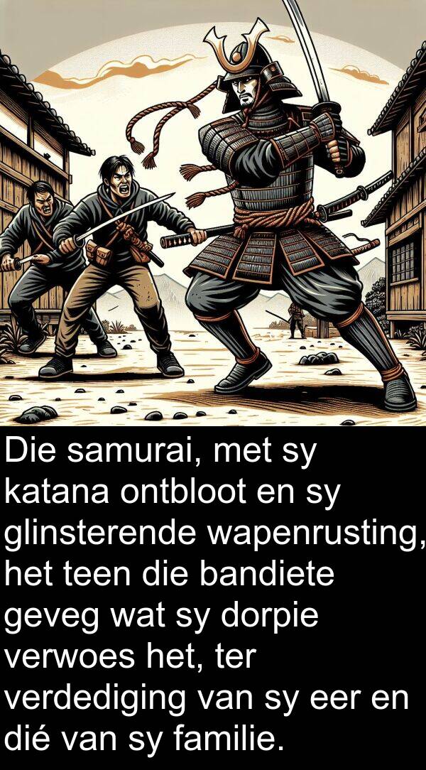 wapenrusting: Die samurai, met sy katana ontbloot en sy glinsterende wapenrusting, het teen die bandiete geveg wat sy dorpie verwoes het, ter verdediging van sy eer en dié van sy familie.