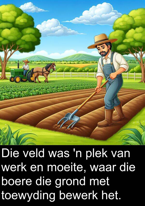 moeite: Die veld was 'n plek van werk en moeite, waar die boere die grond met toewyding bewerk het.