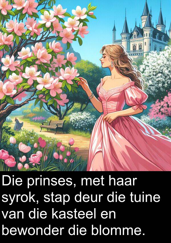 prinses: Die prinses, met haar syrok, stap deur die tuine van die kasteel en bewonder die blomme.