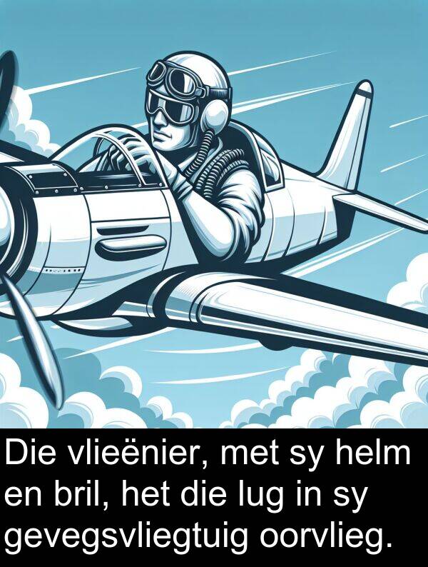 helm: Die vlieënier, met sy helm en bril, het die lug in sy gevegsvliegtuig oorvlieg.