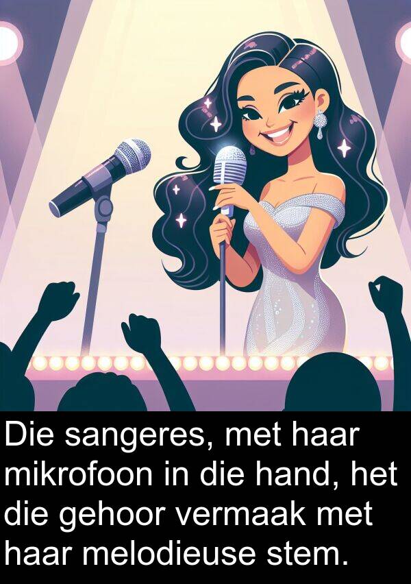 gehoor: Die sangeres, met haar mikrofoon in die hand, het die gehoor vermaak met haar melodieuse stem.