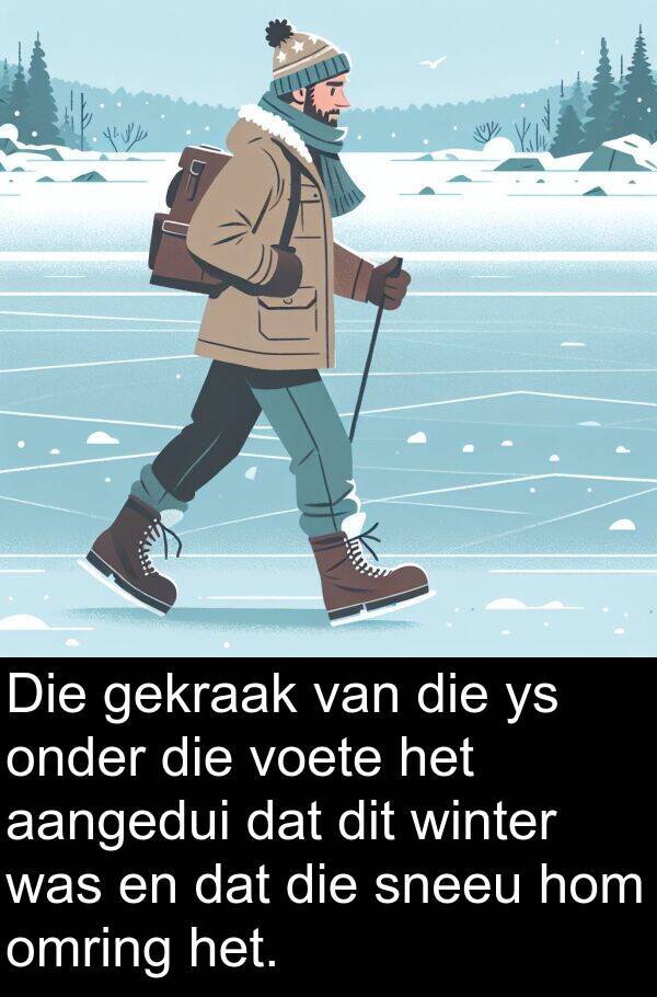 omring: Die gekraak van die ys onder die voete het aangedui dat dit winter was en dat die sneeu hom omring het.