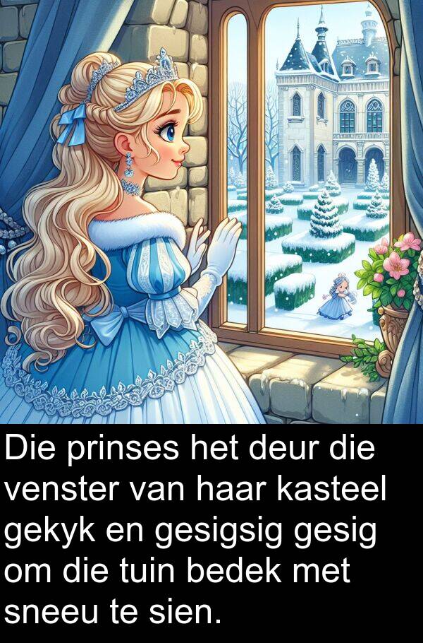 gekyk: Die prinses het deur die venster van haar kasteel gekyk en gesigsig gesig om die tuin bedek met sneeu te sien.