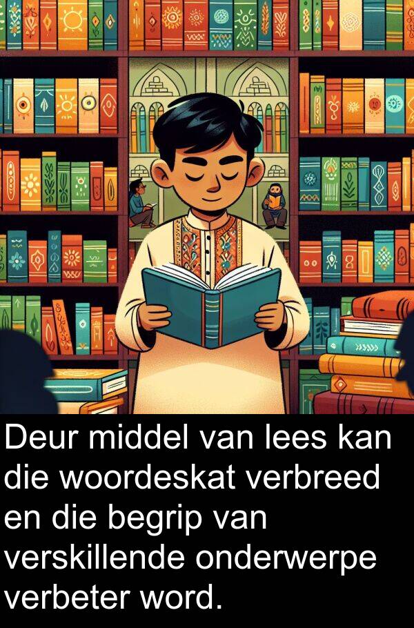 woordeskat: Deur middel van lees kan die woordeskat verbreed en die begrip van verskillende onderwerpe verbeter word.