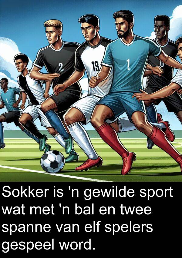 elf: Sokker is 'n gewilde sport wat met 'n bal en twee spanne van elf spelers gespeel word.