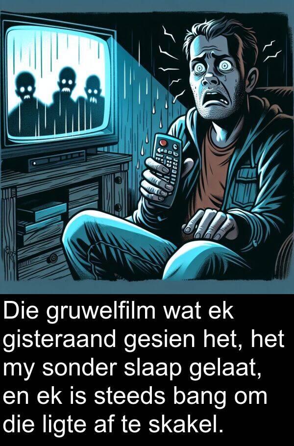 gelaat: Die gruwelfilm wat ek gisteraand gesien het, het my sonder slaap gelaat, en ek is steeds bang om die ligte af te skakel.