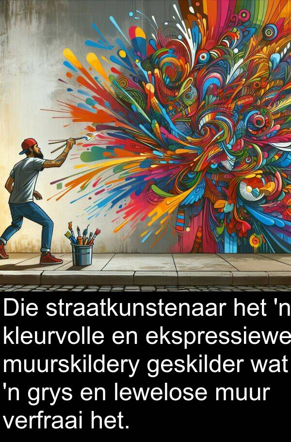 ekspressiewe: Die straatkunstenaar het 'n kleurvolle en ekspressiewe muurskildery geskilder wat 'n grys en lewelose muur verfraai het.