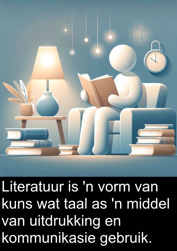 uitdrukking: Literatuur is 'n vorm van kuns wat taal as 'n middel van uitdrukking en kommunikasie gebruik.