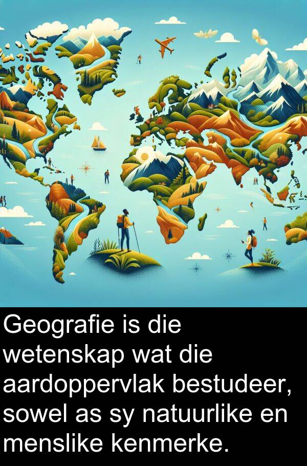 wetenskap: Geografie is die wetenskap wat die aardoppervlak bestudeer, sowel as sy natuurlike en menslike kenmerke.